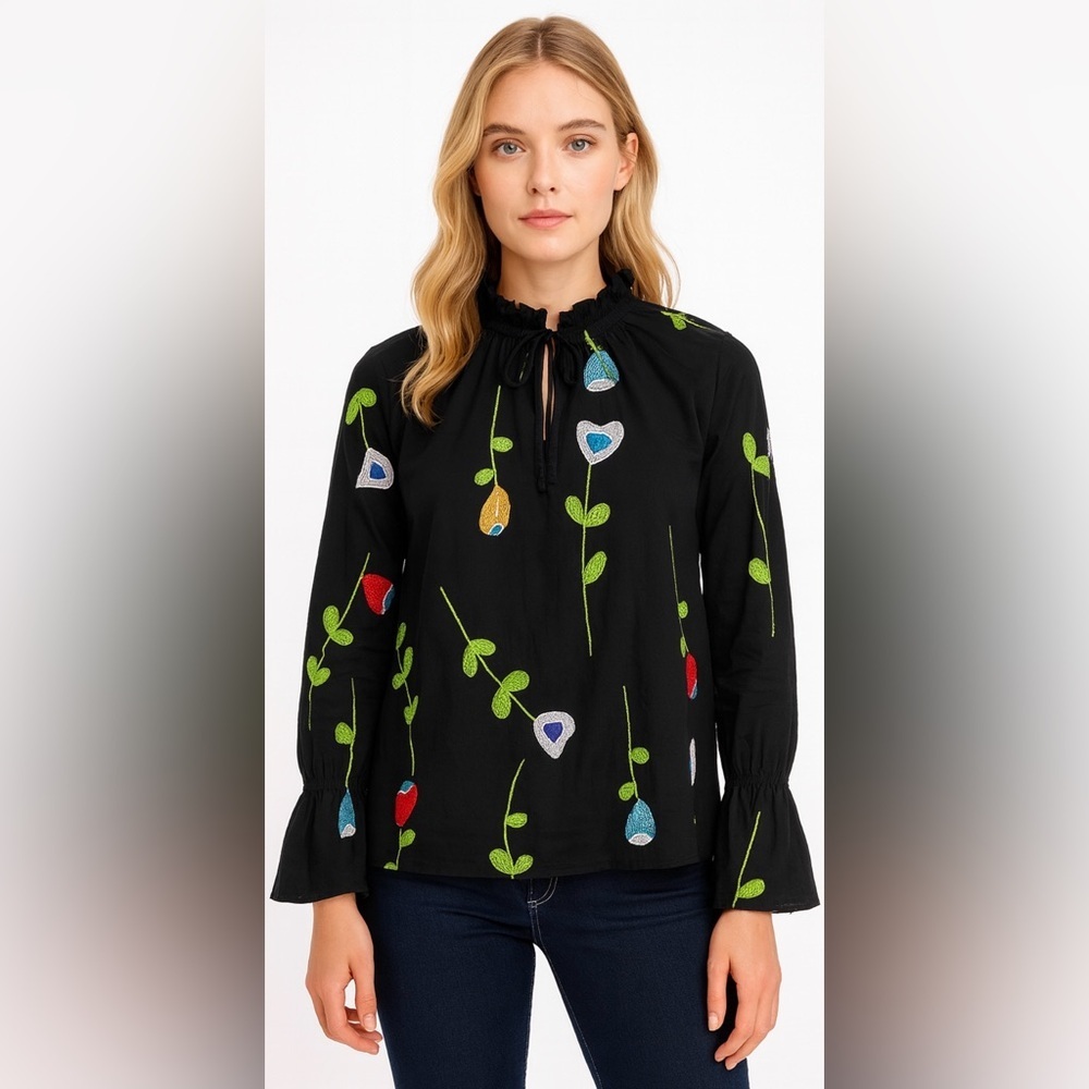 Cynthia Rowley Folk-core Black Embroidered Tie-Neck Bell-Sleeve Blouse Small